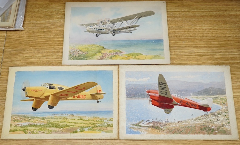 Charles Thomas Howard (1865-1942), three original watercolours for postcards, Vintage Aircraft comprising De Havilland Comet, Miles Sultan and Imperial Airways Hannibal, two signed, 21 x 32cm, unframed. Condition - fair